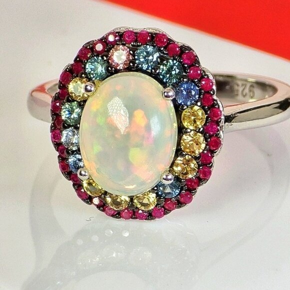925 Sterling Silver Ring Sz 6.75 with Natural White Opal 10x7mm & Sapphire Gem - Picture 7 of 9
